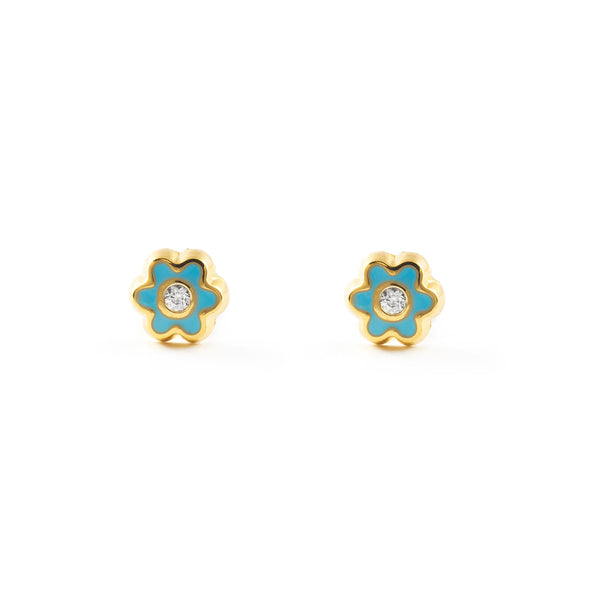 Boucles d'Oreilles Bebe Fille Enfant Émail bleu marguerite fleur Zircone Or Jaune 18 Carats