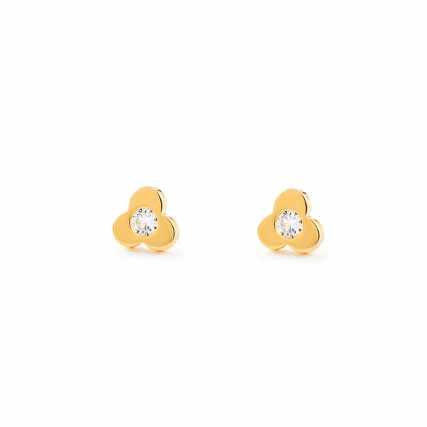 Boucles d'Oreilles Fille Enfant Trèfle Zircone Or Jaune 18 Carats