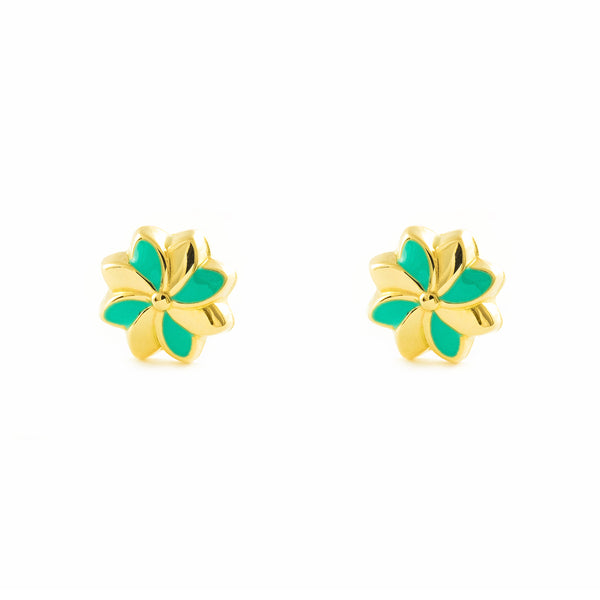 Boucles d'Oreilles Fille Enfant Émail vert Fleur Or Jaune 18 Carats