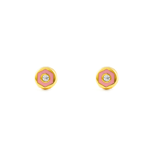 Boucles d'Oreilles Bebe Fille Enfant Émail rose Ronde Zircone Or Jaune 18 Carats