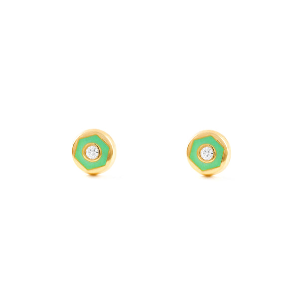 Boucles d'Oreilles Bebe Fille Enfant Émail vert Ronde Zircone Or Jaune 18 Carats