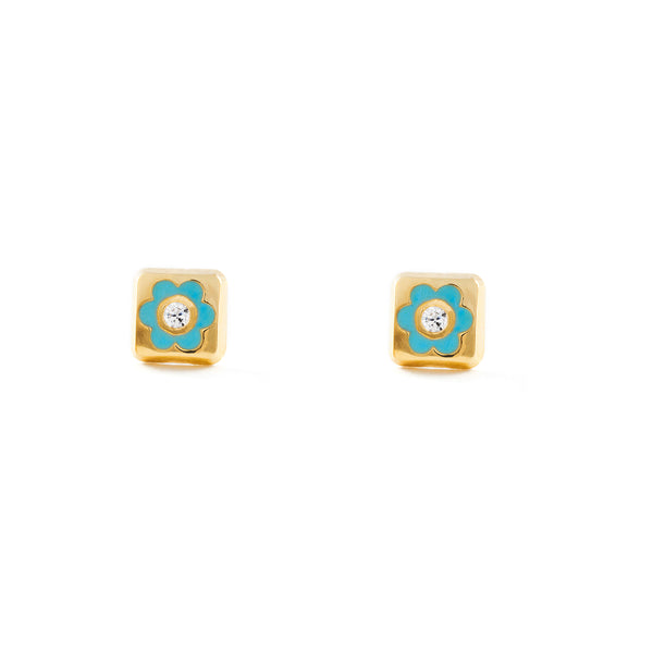 Boucles d'Oreilles Bebe Fille Enfant Émail bleu Carre Zircone Or Jaune 18 Carats