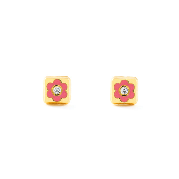 Boucles d'Oreilles Bebe Fille Enfant Émail rose Carre Zircone Or Jaune 18 Carats