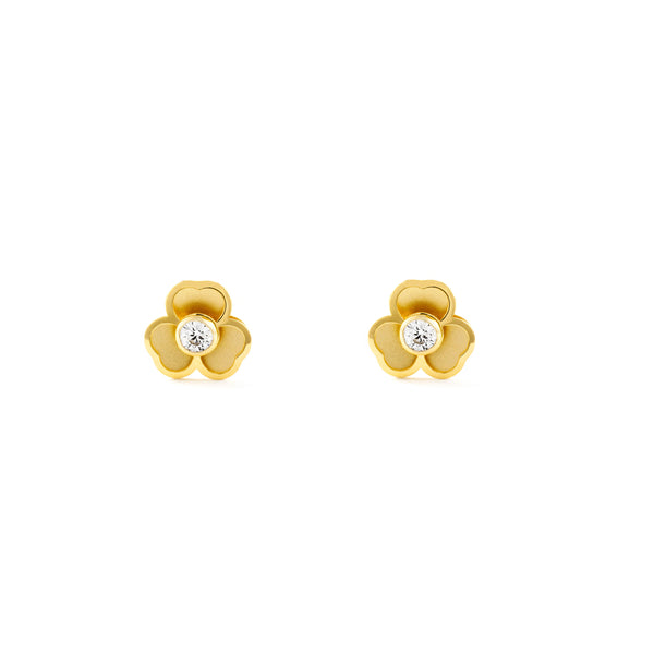 Boucles d'Oreilles Fille Enfant Trèfle Zircone Or Jaune 18 carats mates et brillantes