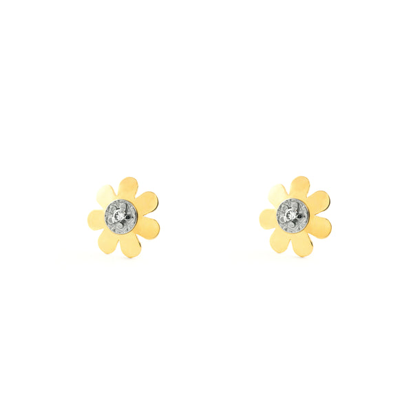 Boucles d'Oreilles Bebe Fille Enfant Fleur Zircone Or Bicolore 18 Carats