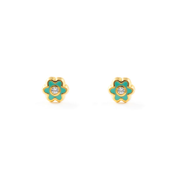 Boucles d'Oreilles Bebe Fille Enfant Émail vert marguerite fleur Zircone Or Jaune 18 Carats