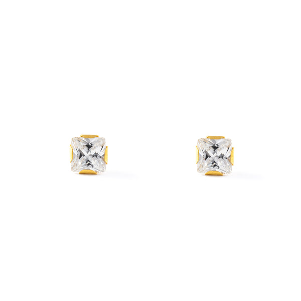 Boucles d'Oreilles Fille Enfant Carre Zircone Or Jaune 18 Carats