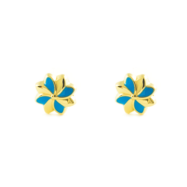 Boucles d'Oreilles Fille Enfant Émail bleu Fleur Or Jaune 18 Carats