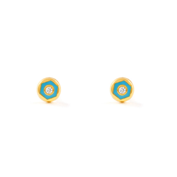 Boucles d'Oreilles Bebe Fille Enfant Émail bleu Ronde Zircone Or Jaune 18 Carats