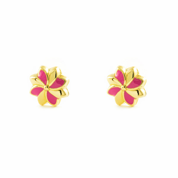 Boucles d'Oreilles Fille Enfant Émail rose Fleur Or Jaune 18 Carats