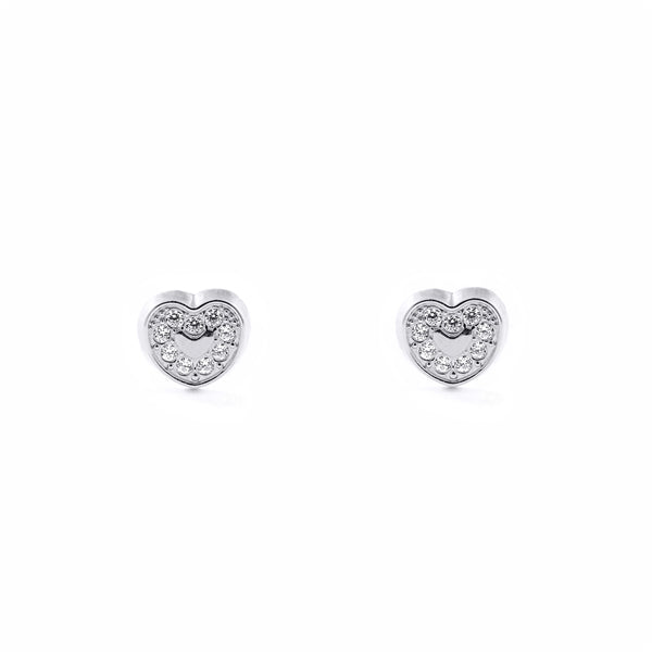 Boucles d'Oreilles Fille Enfant Cœur Zircone Or Blanc 9 Carats