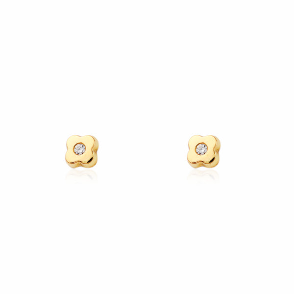 Boucles d'Oreilles Bebe Enfant Trèfle Zircone Or Jaune 9 Carats