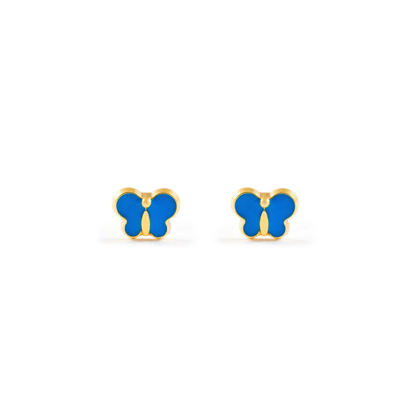 Boucles d'Oreilles Bebe Fille Enfant Émail bleu Papillon Or Jaune 9 Carats