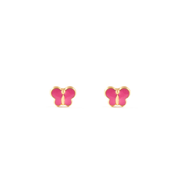 Boucles d'Oreilles Bebe Fille Enfant Émail rose Papillon Or Jaune 9 Carats