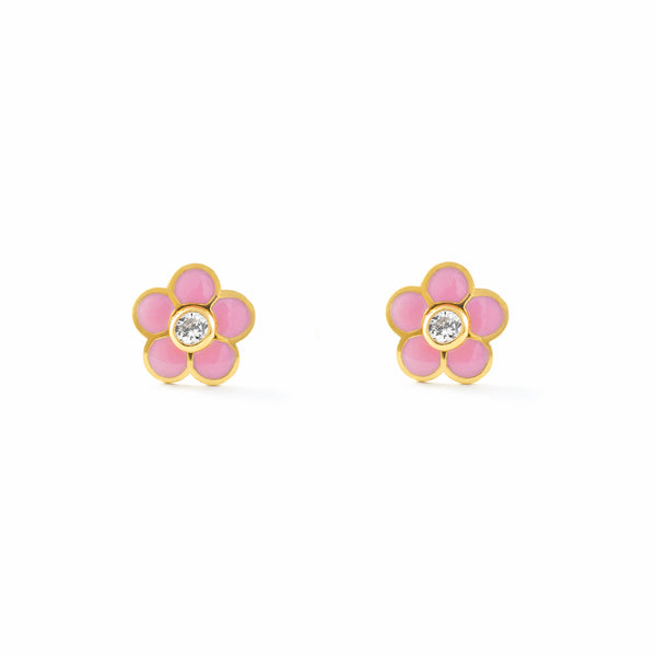 Boucles d'Oreilles Fille Enfant Émail rose Fleur Zircone Or Jaune 18 Carats