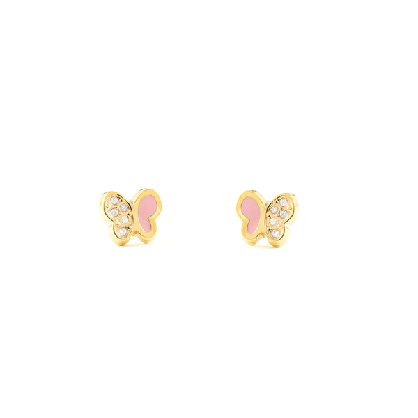 Boucles d'Oreilles Fille Enfant Émail rose Papillon Zircone Or Jaune 9 Carats