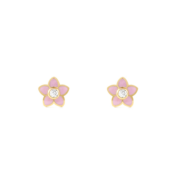 Boucles d'Oreilles Fille Enfant Émail rose Fleur Zircone Or Jaune 18 Carats