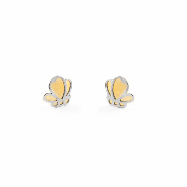 Boucles d'Oreilles Fille Enfant Papillon Or Bicolore 18 carats mates et brillantes