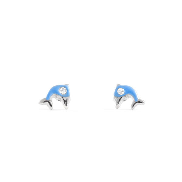 Boucles d'Oreilles Émail bleu Dauphin Zircone Argent 925 brillant