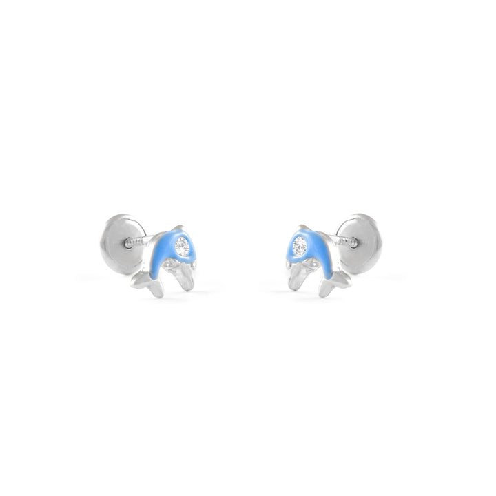 Pendientes Plata Bebe o niña Delfin Esmaltado Azul