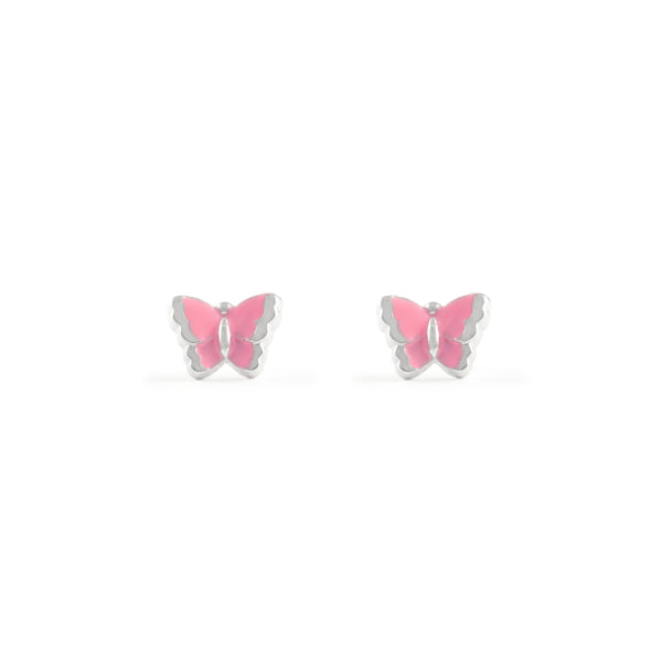 Boucles d'Oreilles Émail rose Papillon Argent 925 brillant