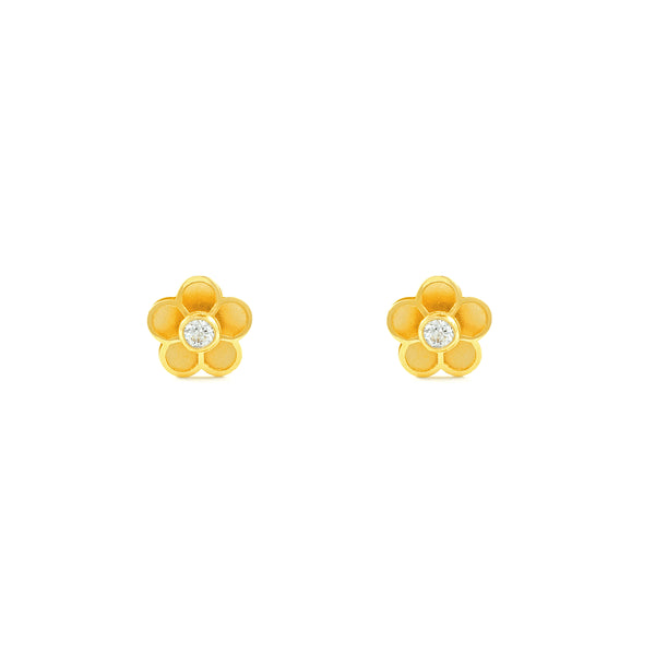 Boucles d'Oreilles Fille Enfant Fleur Zircone Or Jaune 18 carats mates et brillantes