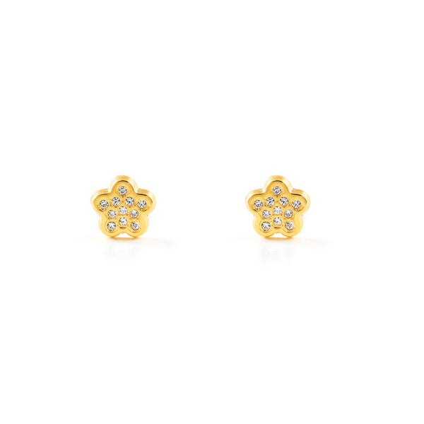 Boucles d'Oreilles Fille Enfant Fleur Zircone Or Jaune 9 Carats