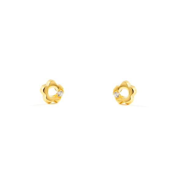 Boucles d'Oreilles Bebe Fille Enfant marguerite fleur Zircone Or Jaune 18 Carats