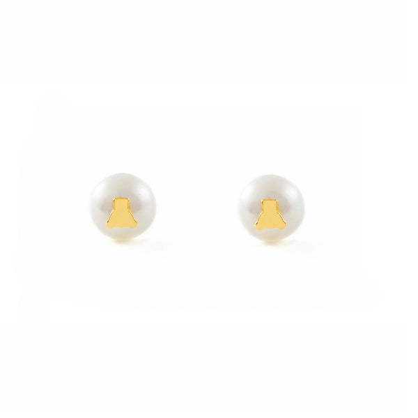 Boucles d'Oreilles Fille Enfant Ours Perle 6 mm Or Jaune 18 Carats