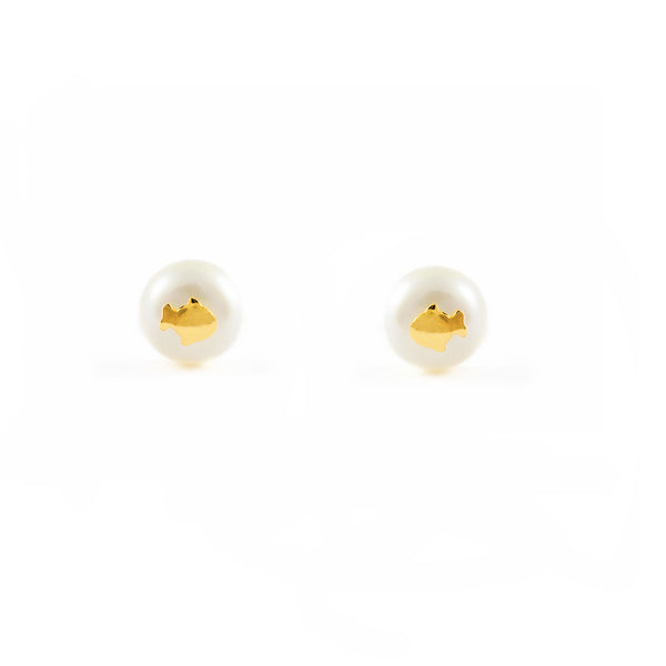 Boucles d'Oreilles Fille Enfant Poisson Perle 7 mm Or Jaune 18 Carats