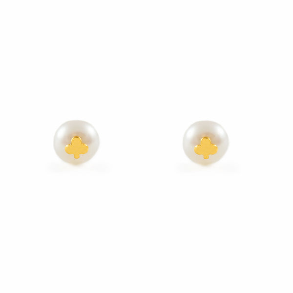 Boucles d'Oreilles Fille Enfant Trèfle Perle 5,5 mm Or Jaune 18 Carats