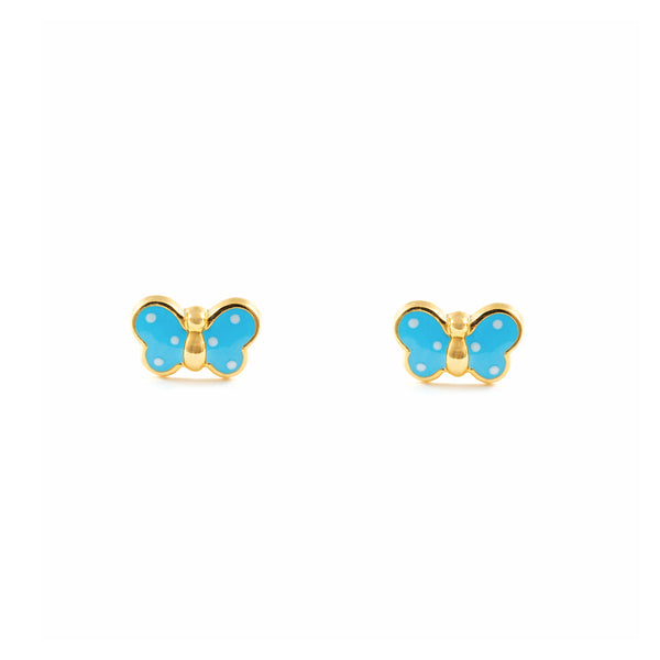 Boucles d'Oreilles Bebe Fille Enfant Émail bleu clair Papillon Or Jaune 18 Carats