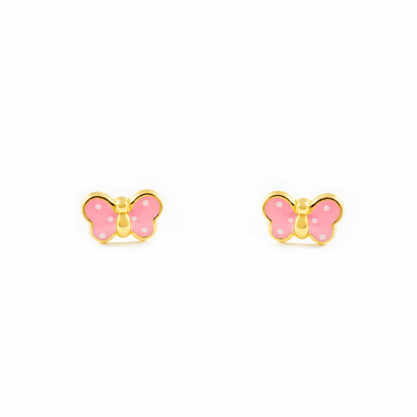 Boucles d'Oreilles Bebe Fille Enfant Émail rose clair Papillon Or Jaune 9 Carats