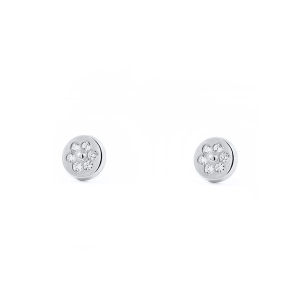 Boucles d'Oreilles Fille Enfant Ronde Zircone Or Blanc 18 Carats