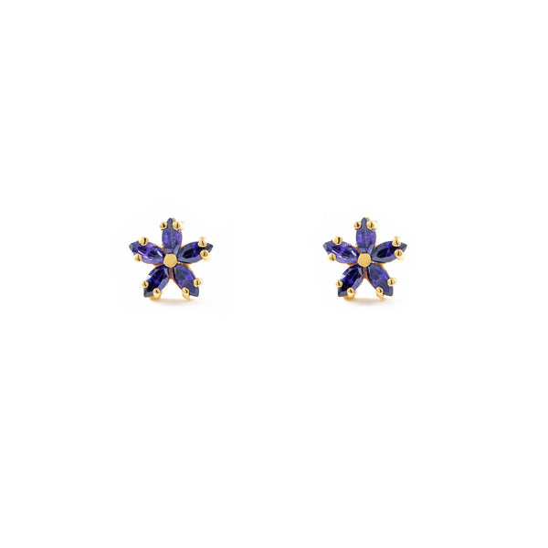 Boucles d'Oreilles marguerite fleur Amethyste Or Jaune 9 Carats