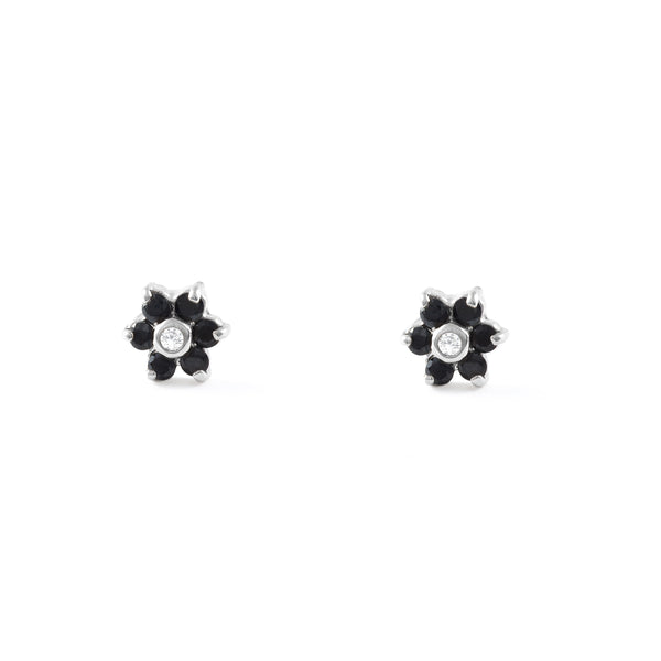 Boucles d'Oreilles Bebe Fille Enfant marguerite fleur Zircone noir Or Blanc 9 Carats