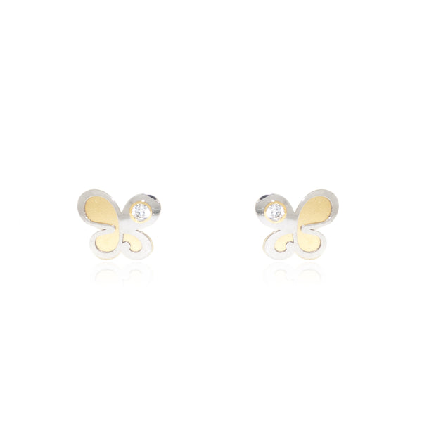 Boucles d'Oreilles Fille Enfant Papillon Zircone Or Bicolore 18 carats mates et brillantes