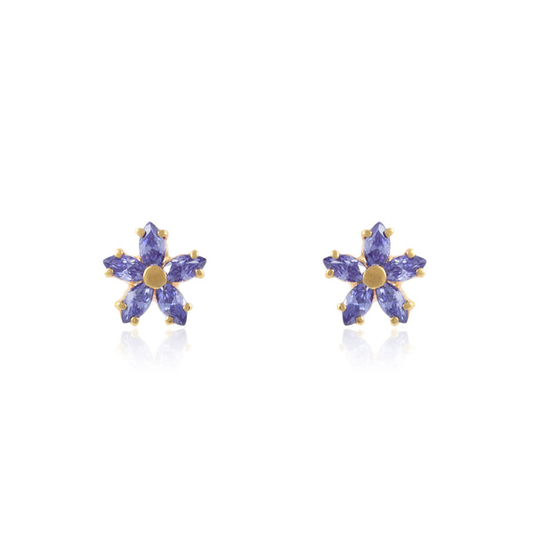 Boucles d'Oreilles marguerite fleur Amethyste Or Jaune 9 Carats