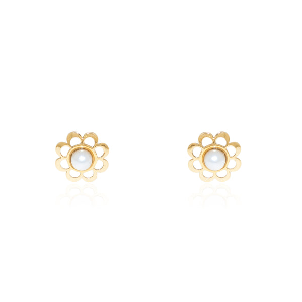 Boucles d'Oreilles Bebe Enfant Fleur Perle 2 mm Or Jaune 18 Carats