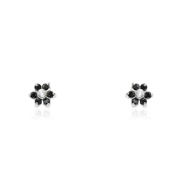 Boucles d'Oreilles Bebe Fille Enfant marguerite fleur Zircone noir Or Blanc 9 Carats