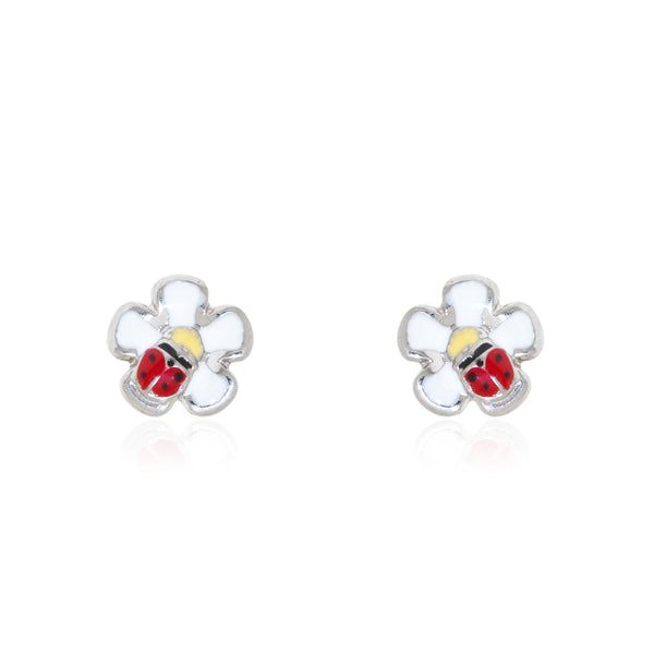 Boucles d'oreilles fleur en argent avec coccinelle émaillée