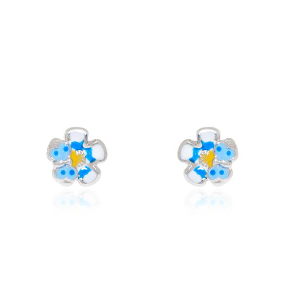 Boucles d'Oreilles Émail bleu Fleur Argent 925 brillant