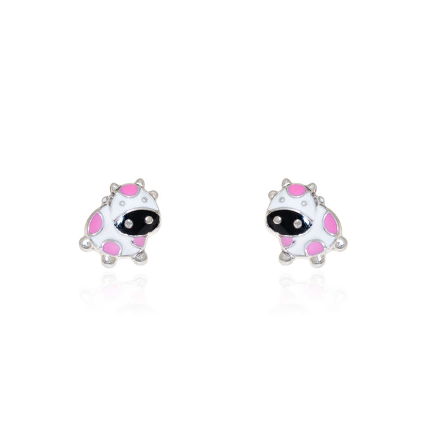 Boucles d'Oreilles Émail rose Vache Argent 925 brillant