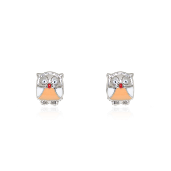 Boucles d'Oreilles Émail orange Hibou Argent 925 brillant