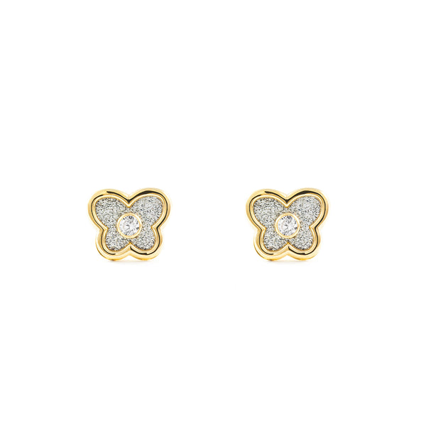 Boucles d'Oreilles Papillon Zircone Or Jaune 9 carats texturees