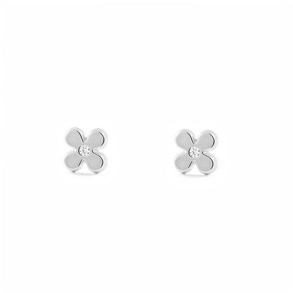 Boucles d'Oreilles Fille Enfant Fleur Zircone Or Blanc 9 Carats