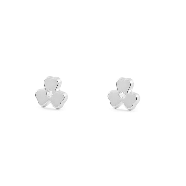 Boucles d'Oreilles Fille Enfant Trèfle Zircone Or Blanc 9 Carats