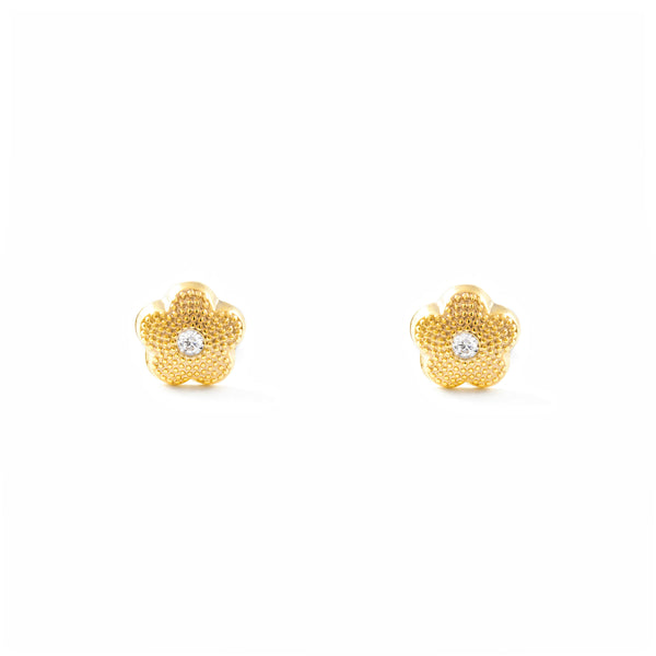 Boucles d'Oreilles Fille Enfant marguerite fleur Zircone Or Jaune 9 carats texturees