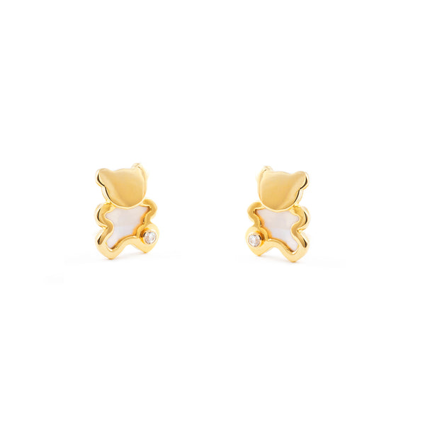 Boucles d'Oreilles Fille Enfant Nacre Ours Zircone Or Jaune 9 Carats