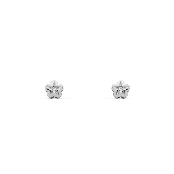 Boucles d'Oreilles Bebe Fille Enfant Fleur Zircone Or Blanc 9 Carats